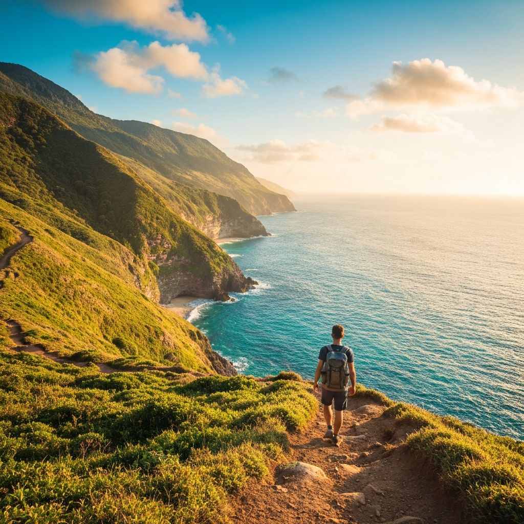 Solo traveler with backpack walking on a coastal cliff trail at sunrise — Travyol AI travel planning app